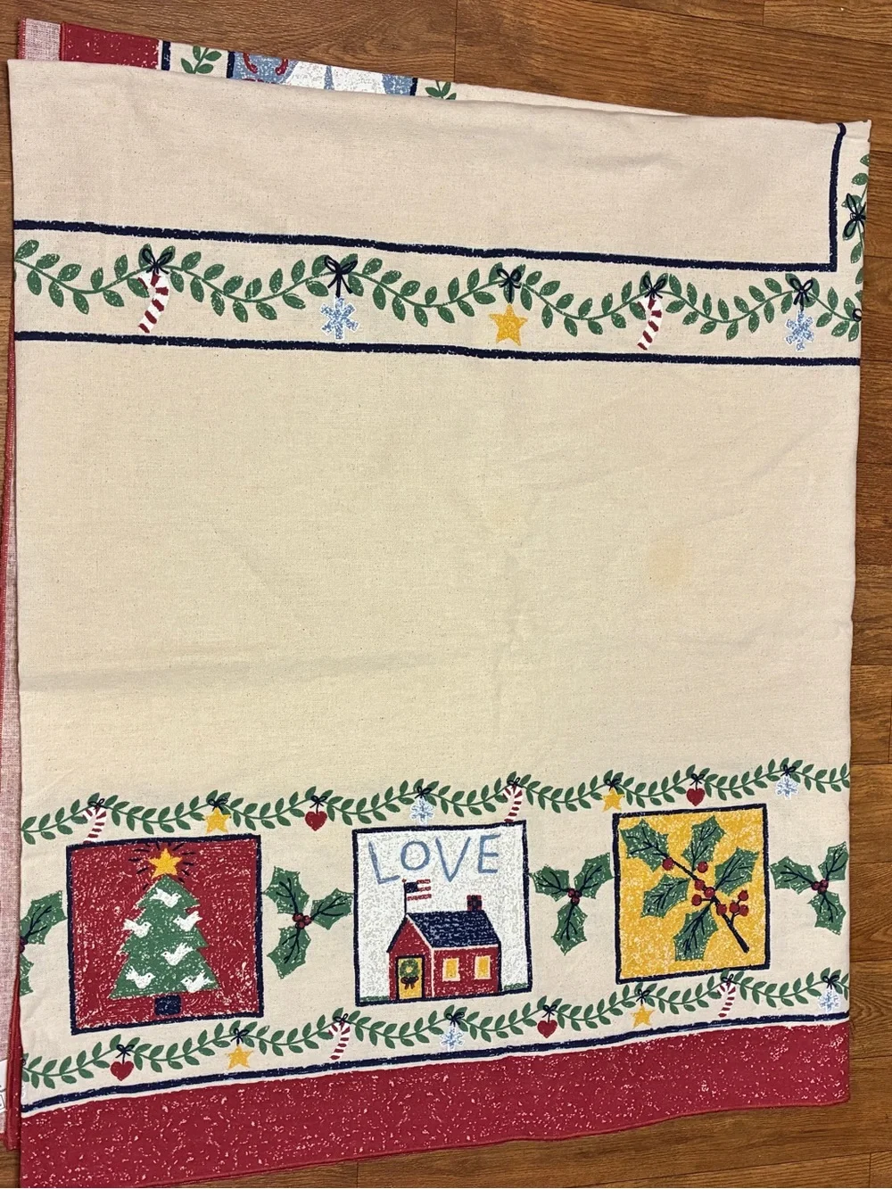 Vintage Holiday Tablecloth Karsten Terrisol Red & Cream Christmas Border Design